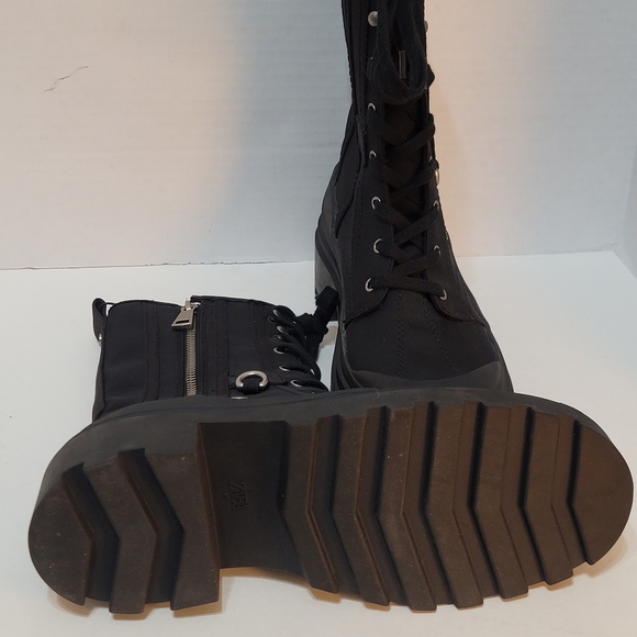 Zara Black Canvas Women's Combat Boots Chunky Heel Lace-up Zip-up Sz40 (US Sz9) - Picture 11 of 16